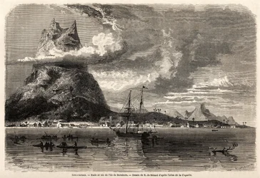 Rada y pico de la isla de Borabora, dibujo de Evremond Auguste de Berard (1824-1881), para ilustrar el viaje de un naturalista en el archipiélago de Galápagos y las islas de coral, en 1858 por Charles Darwin (1809-1882). Grabado en “” Le tour du mond