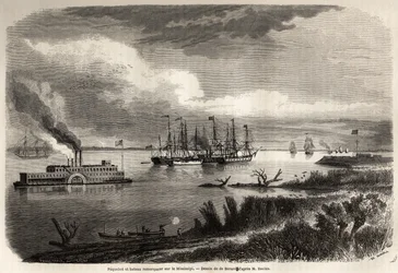 Barco y remolcador en el Mississippi, dibujo de Evremond Auguste de Berard (1824-1881), para ilustrar el viaje a Nueva Orleans en 1855 por Elysee (Elisee) Reclus (1830-1905). Grabado en “Le tour du monde, nouveau journal des voyages” París