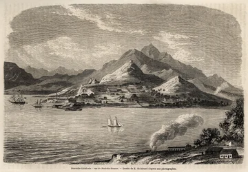 Vista del Puerto de Francia, Nueva Caledonia, dibujo de Evremont de Berard (1824-1881), para ilustrar el viaje de Victor de Rochas a Nueva Caledonia en 1859. Grabado en "Le tour du monde" 1861. Colección de Selva