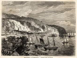 Vista de Saint Pierre, en Martinica, dibujo de Auguste de Bérard (1824-1881), para ilustrar los viajes a las Indias Occidentales, en 1858-1859, por Anthony Trollope (1815-1882). Grabado en "Le tour du monde, nouveau journal des voyages" París