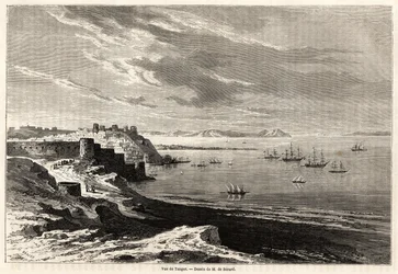 Vista de Tánger (Marruecos), dibujo de Evremond de Bérard (1824-1881), para ilustrar las notas de viaje de M.F.Schickler a Marruecos. Grabado en "Le tour du monde, nouveau journal des voyages" París