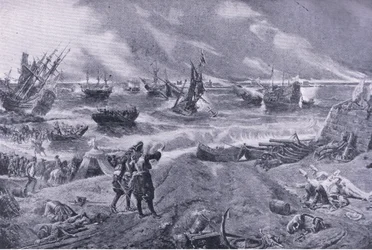 Jacobo II en la batalla de La Hogue, 23 de mayo de 1692, ilustración de British Battles on Land and Sea, 1915
