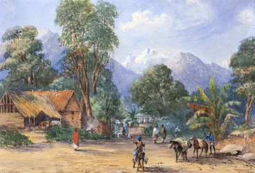 Aldea en el Himalaya (acuarela)
