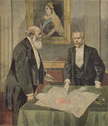 Convención anglo-francesa firmada en Londres por Paul Cambon (1843-1924) el embajador francés, y Lord Salisbury (1830-1904) el primer ministro británico, de Le Petit Journal, 9 de abril de 1899