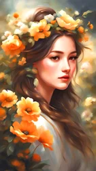Una mujer decorada con flores en un hermoso paisaje, impresiones de arte de la pared