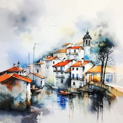 Paisaje abstracto en acuarela, pintura de pueblo y calle, decoración de recibidor y salón