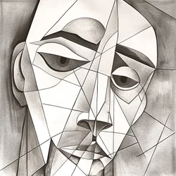 Dibujo abstracto primitivo a lápiz que representa un retrato facial melancólico