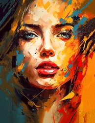Dibujo de retrato de cara de chica guapa, ojos azules, estilo impresionista, Impresiones en lienzo