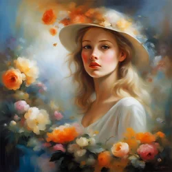 Hermosa mujer en el paisaje y las flores, Floral Impresiones artísticas de pared