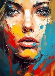 Dibujo de retrato de cara de mujer hermosa, ojos azules, estilo expresionista, impresiones de Arte de pared