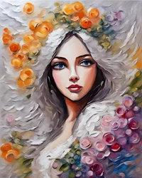 Hermosa mujer joven rodeada de flores, floral y belleza impresiones de arte de la pared