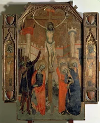 La Crucifixión, parte superior del panel central del gran retablo de la Almudaina, terminado en 1358 (temple sobre tabla)