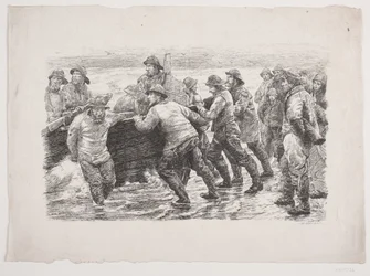 Pescadores preparando un bote para el agua