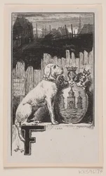 Vignette Inicial."F" con un perro y el escudo de armas de Copenhague