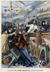 Liga Americana de Mujeres contra el Alcoholismo. En un saloon de EE.UU. mujeres disparando con pistolas a los camareros
