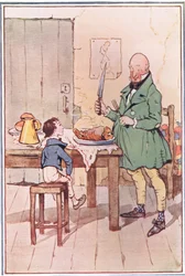 David cenó con el Sr. McCawber en la prisión, ilustración de David Copperfield, 1914