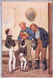 El Sr. Peggotty sacó dos langostas prodigiosas, un cangrejo enorme y una gran bolsa de camarones de sus bolsillos, ilustración de David Copperfield, 1914
