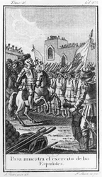 Hernando Cortés revisando sus tropas, grabado por Antonio Rodríguez