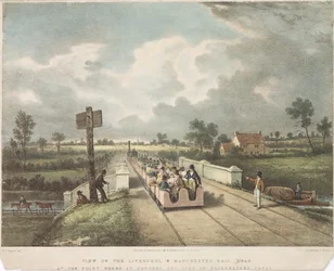 Vista del ferrocarril de Liverpool y Manchester en el punto donde cruza el canal del duque de Bridgewater (grabado por A.B. Clayton)