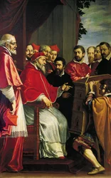 Miguel Ángel presentando el modelo del edificio del tribunal de Rota en la calle Giulia al papa Julio III