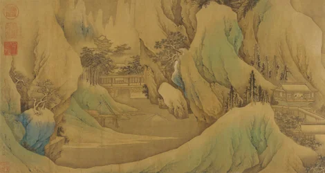 Viajando al amanecer en las estribaciones nevadas, dinastía Qing, siglo XVII
