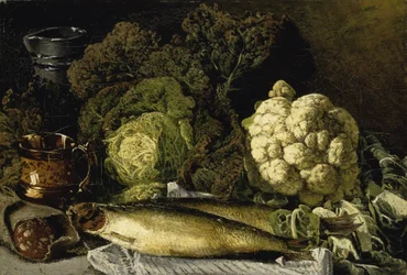 Bodegón con verduras y pescado