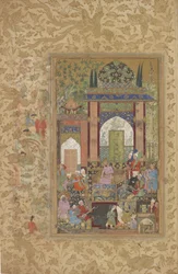 Babur recibe a un cortesano, folio desprendido de una copia dispersa del Baburnama (Tuzuk-i Baburi) por Zahir-al-Din Muhammad Babur