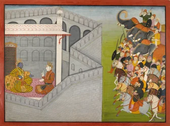 El asedio de Mathura por Jarasandha de la serie Guler-Basholi "Bhagavata Purana"