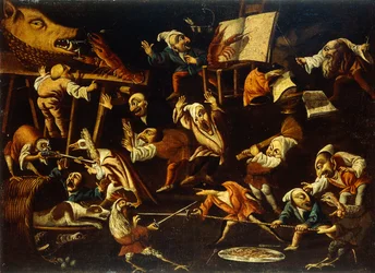 Animales imaginarios y enanos luchando, bebiendo y festejando