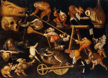 Animales imaginarios y enanos peleando, bebiendo y festejando