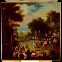 Pigmeos en una feria, sacando agua de un pozo en primer plano y viendo representaciones teatrales al fondo
