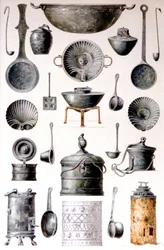 Reproducción de utensilios de cocina, de Las casas y los monumentos de Pompeya, de Fausto y Felice Niccolini, volumen IV, suplemento, lámina XVII