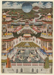 Mujeres bañándose ante un panorama arquitectónico