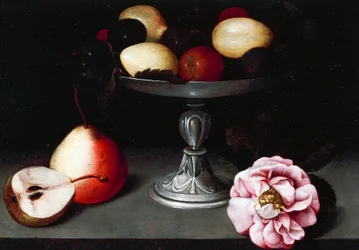 Puesto con ciruelas, peras y una rosa, hacia 1602, por Fede Galizia (1578-1630)