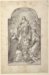 Diseño para una Pintura de Altar, Santo Domingo y Santa Catalina de Siena Recibiendo el Rosario de la Virgen y el Niño