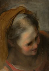 Cabeza de una anciana mirando hacia la derecha inferior
