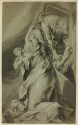Magdalena arrodillada y asistente de tumba