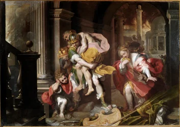 Eneas lleva sobre sus hombros a su padre Anquises y huye del incendio de Troya. Pintura de Federico Fiori, llamado il Barocci (1528/35-1612), 1598. Óleo. 179x253 cm. Roma, Galleria Borghese