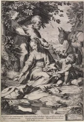 El descanso en el regreso de Egipto, grabado por Cornelis Cort, 1575