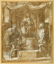 La Virgen y el Niño entronizados bajo un dosel, con San Roque y San Sebastián