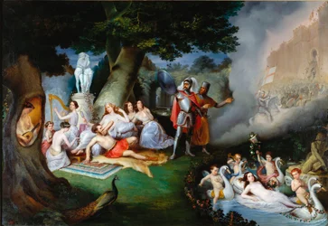 Renaud en el jardín de Armide Ilustración de una escena de "La Jerusalén liberada" (La gerusalemme liberata) de Torquato Tasso. El encantador Armide rodeado de Amours muy simbólico seduce con la ayuda de su espejo mágico al caballero