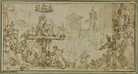 Un Papa recibiendo a un dignatario en un lugar público (recto) Caricaturas de cabezas (verso)