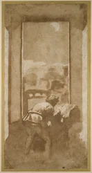 Hombre dibujando a la luz de la luna desde la ventana de una casa