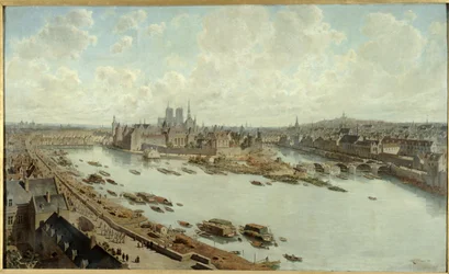 Vista panorámica de París en 1588, desde los tejados del Louvre, con el Pont-Neuf en construcción