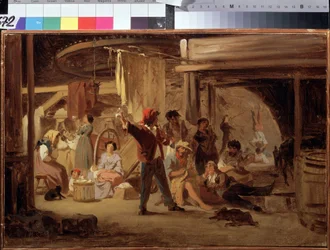Detrás de la escena del circo. Pintura de Feodor Andeyevich Bronnikov (1827-1902). Óleo sobre tela