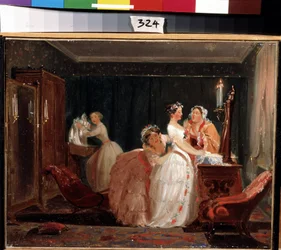 Los preparativos de la boda. Una chica burguesa con un vestido de novia preparándose para la ceremonia de boda. Obra de Feodor Andreyevich Bronnikov (1827-1902). Óleo sobre papel, 26 x 33 cm