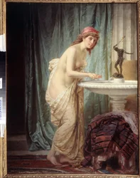 Orientalismo ""El baño de la mañana"" mujer joven vestida sólo con una sábana se refresca en la fuente. Pintura de Feodor Andreyevich Bronnikov (1827-1902) Museo Estatal de Arte de la República de Daguestán, Makhachkala, Rusia