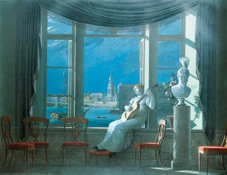 En la ventana en una noche de luna