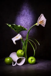 Elegantes calas y manzanas verdes
