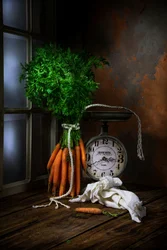 Naturaleza muerta con zanahorias rústicas